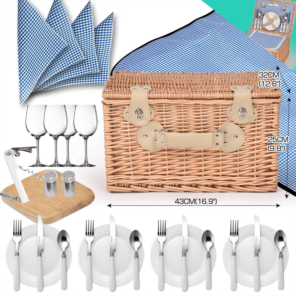 Picnic Basket 4 Person Wicker With Cooler Bag & Blanket Style 4 - Image 2